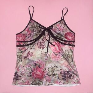 J H Nvzhuang Brown & Pink Butterfly and Flower Cami Top